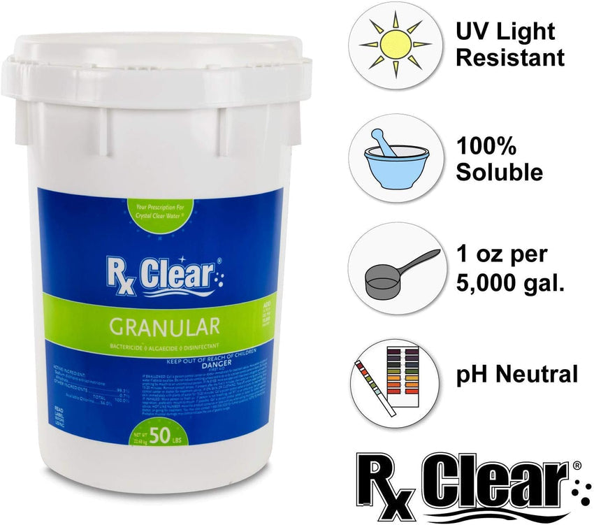 Clear Stabilized Granular Chlorine | One 50-Pound Bucket | Use As Bactericide. Algaecide. and Disinfectant in Swimming Pools and Spas | Fast Dissolving and UV Protected