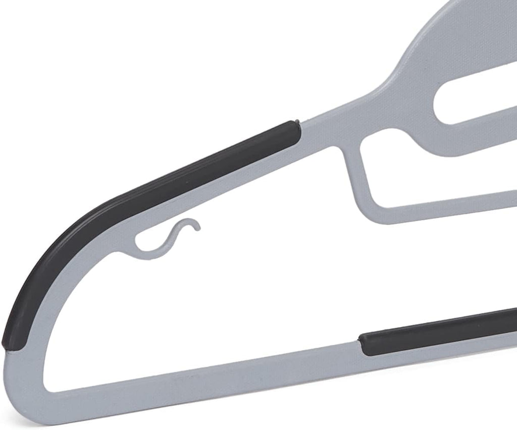 Space-saving plastic hangers with non-slip rubber coating and 360° swivel hooks.