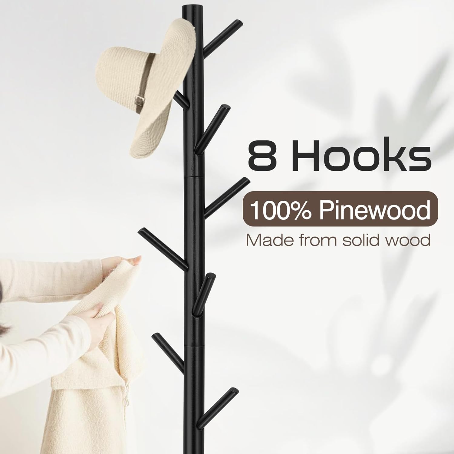 Freestanding coat rack—features 8 hooks and adjustable height (3 levels).