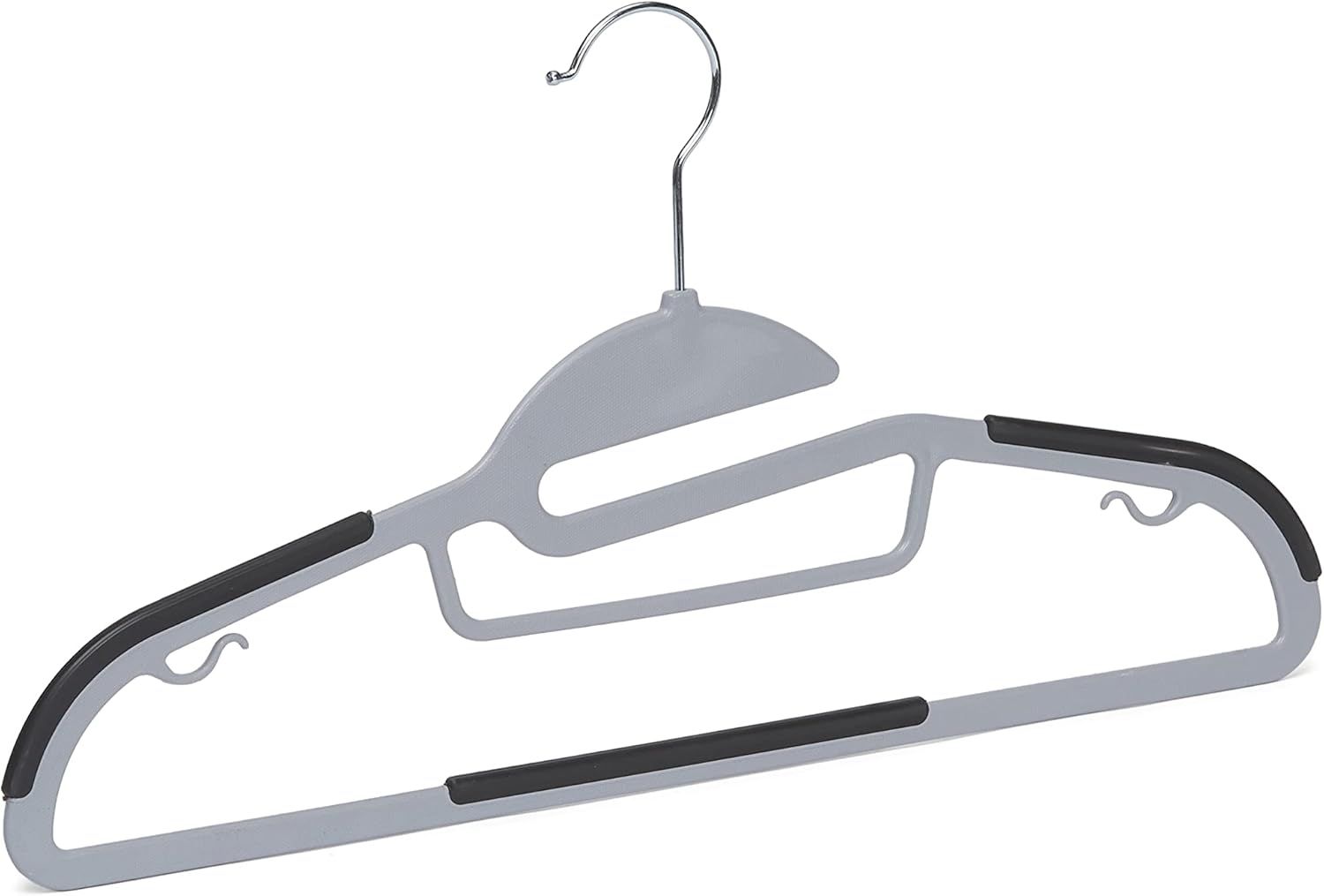 Space-saving plastic hangers with non-slip rubber coating and 360° swivel hooks.