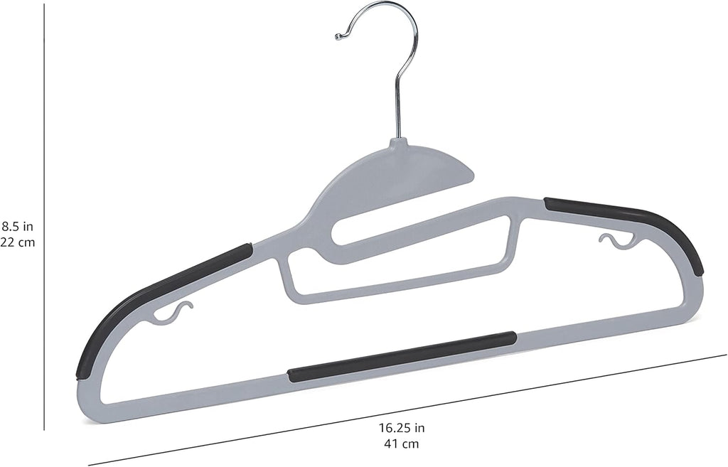Space-saving plastic hangers with non-slip rubber coating and 360° swivel hooks.