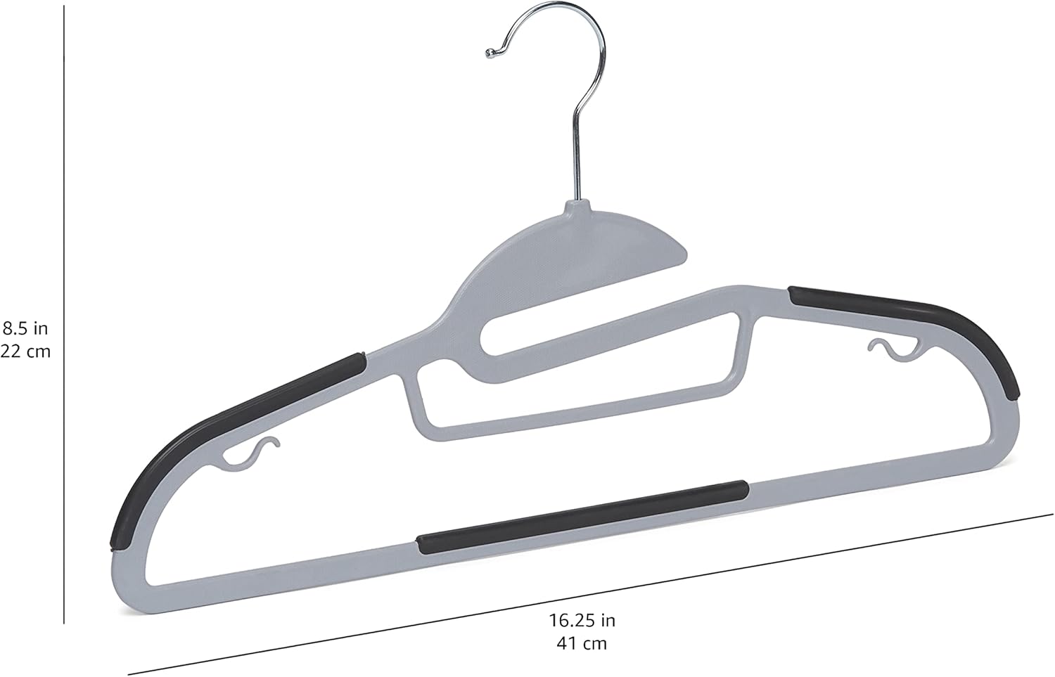 Space-saving plastic hangers with non-slip rubber coating and 360° swivel hooks.