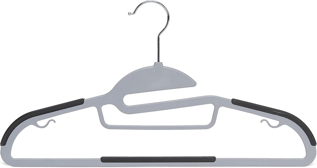 Space-saving plastic hangers with non-slip rubber coating and 360° swivel hooks.