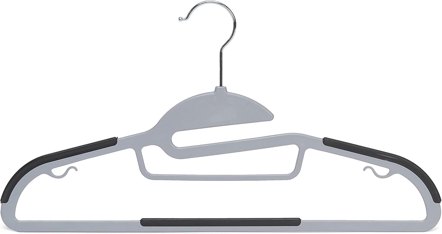 Space-saving plastic hangers with non-slip rubber coating and 360° swivel hooks.