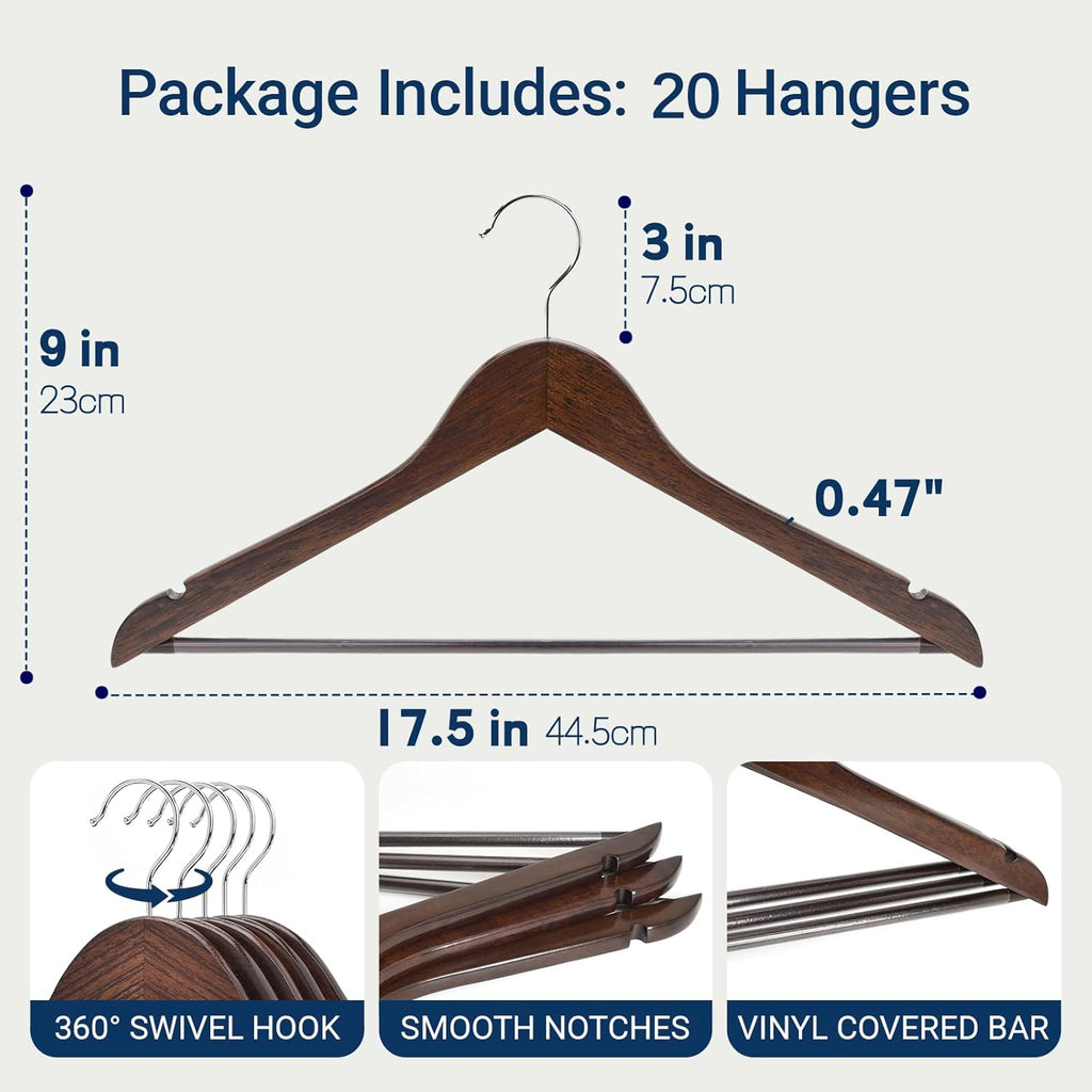 Walnut-Finish Wooden Hangers (Pack of 20) — Vintage-Style Wooden Suit Hangers