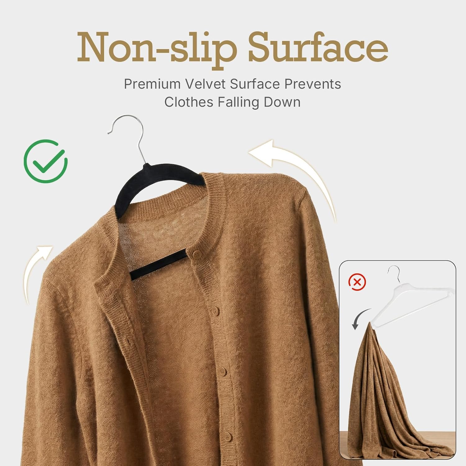 Black flocked hangers—non-slip and durable, suitable for hanging coats.