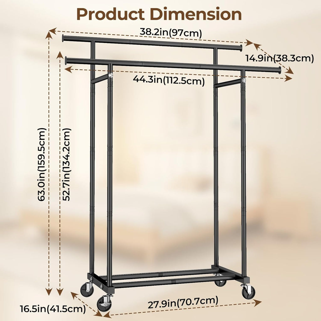Double-Rail Garment Rack — Mobile Rack with Wheels / Portable Clothing Storage Rack