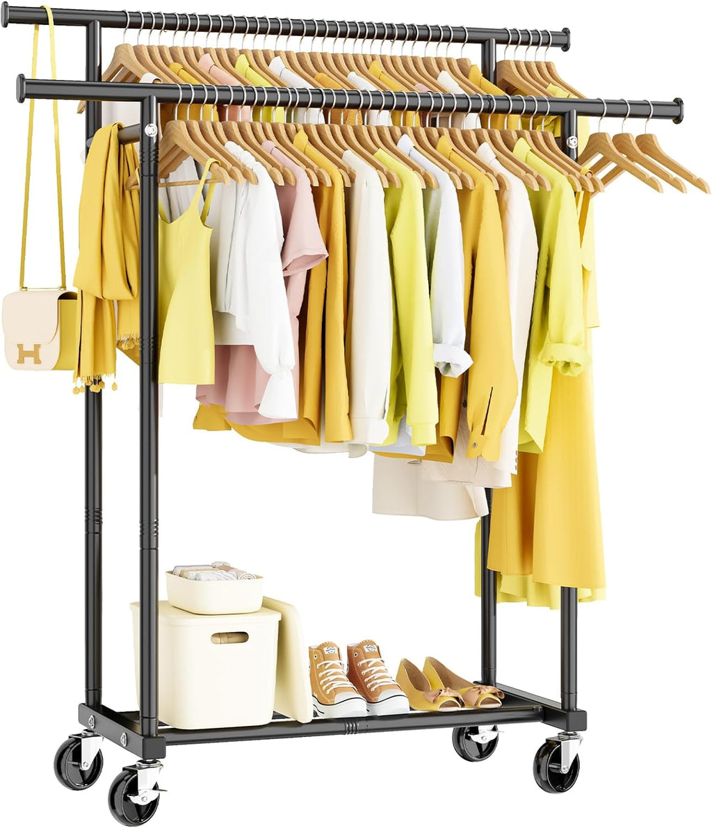 Double-Rail Garment Rack — Mobile Rack with Wheels / Portable Clothing Storage Rack