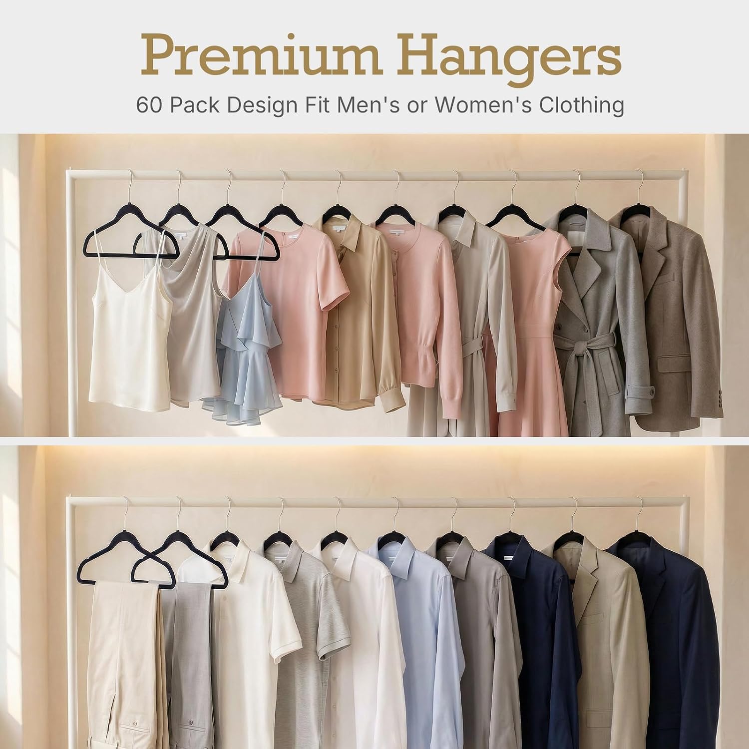 Black flocked hangers—non-slip and durable, suitable for hanging coats.