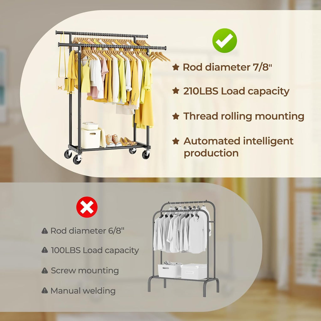 Double-Rail Garment Rack — Mobile Rack with Wheels / Portable Clothing Storage Rack