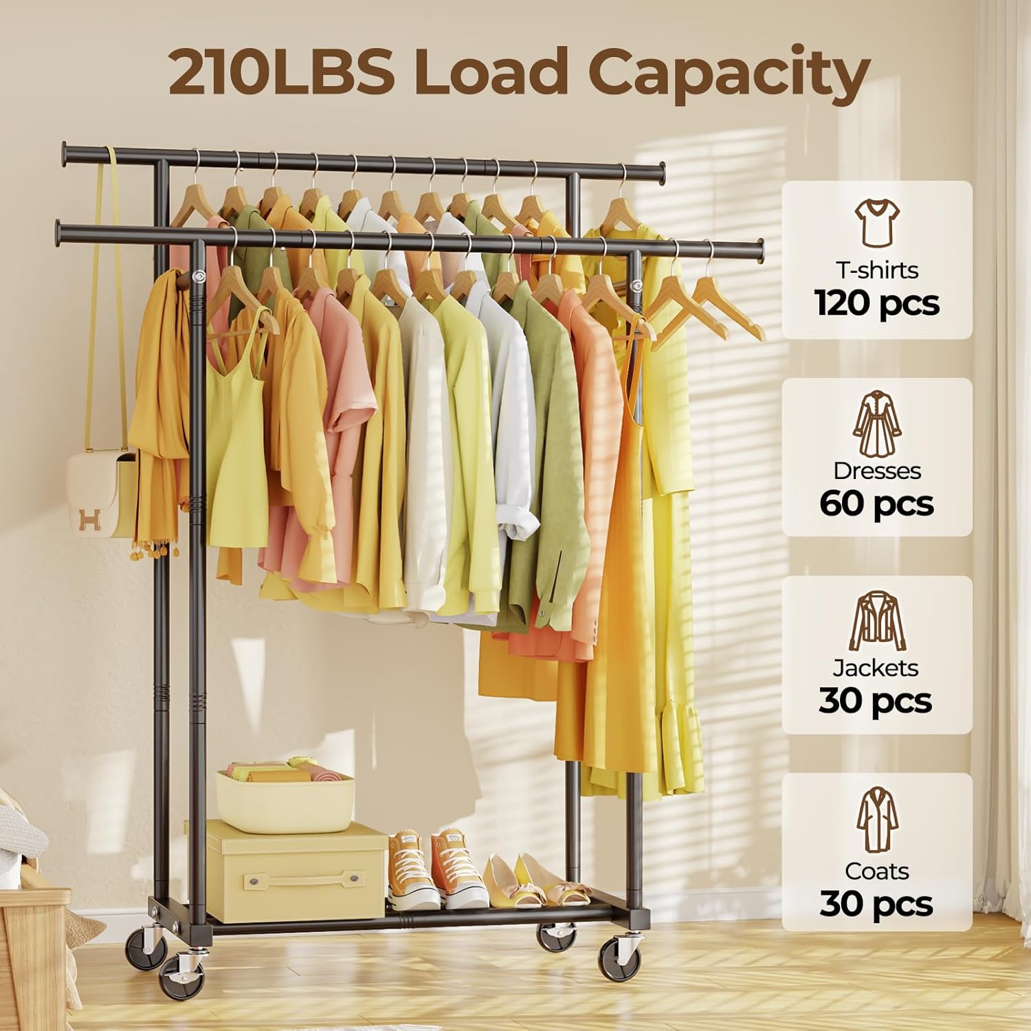 Double-Rail Garment Rack — Mobile Rack with Wheels / Portable Clothing Storage Rack