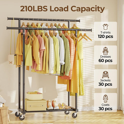 Double-Rail Garment Rack — Mobile Rack with Wheels / Portable Clothing Storage Rack