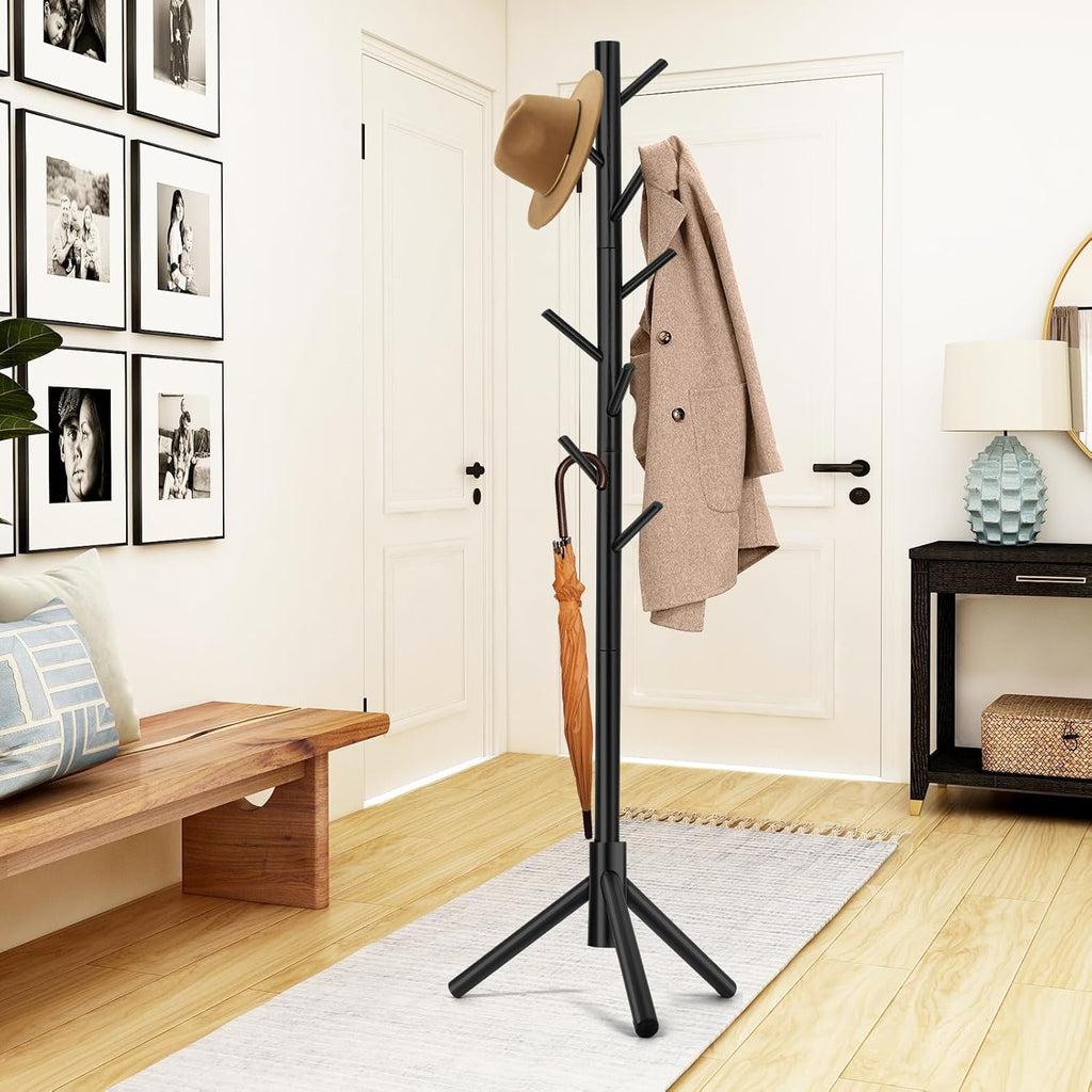 Freestanding coat rack—features 8 hooks and adjustable height (3 levels).