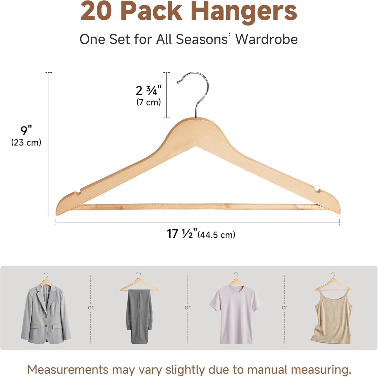 Solid Wood Hangers (Pack of 20) — Wooden Hangers for Wardrobes