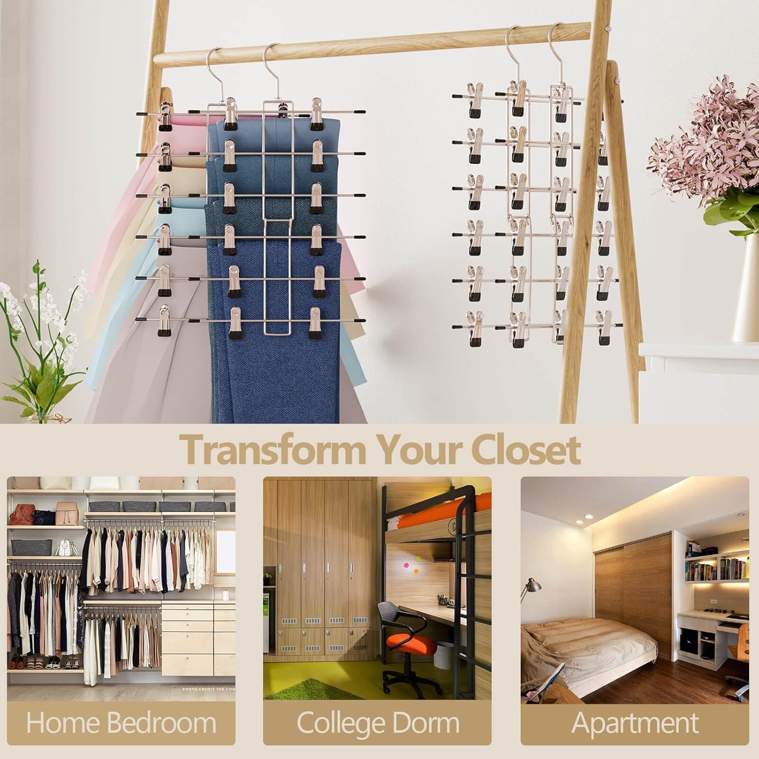 Trouser Hanger with Clips – Space-Saving Hanging Closet Organizer
