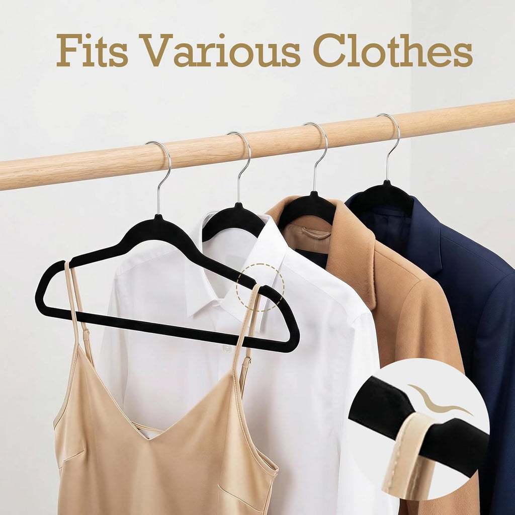 Black flocked hangers—non-slip and durable, suitable for hanging coats.