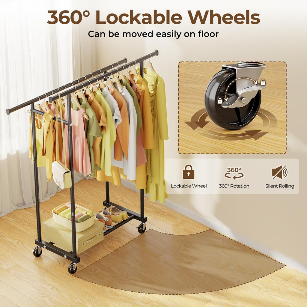 Double-Rail Garment Rack — Mobile Rack with Wheels / Portable Clothing Storage Rack