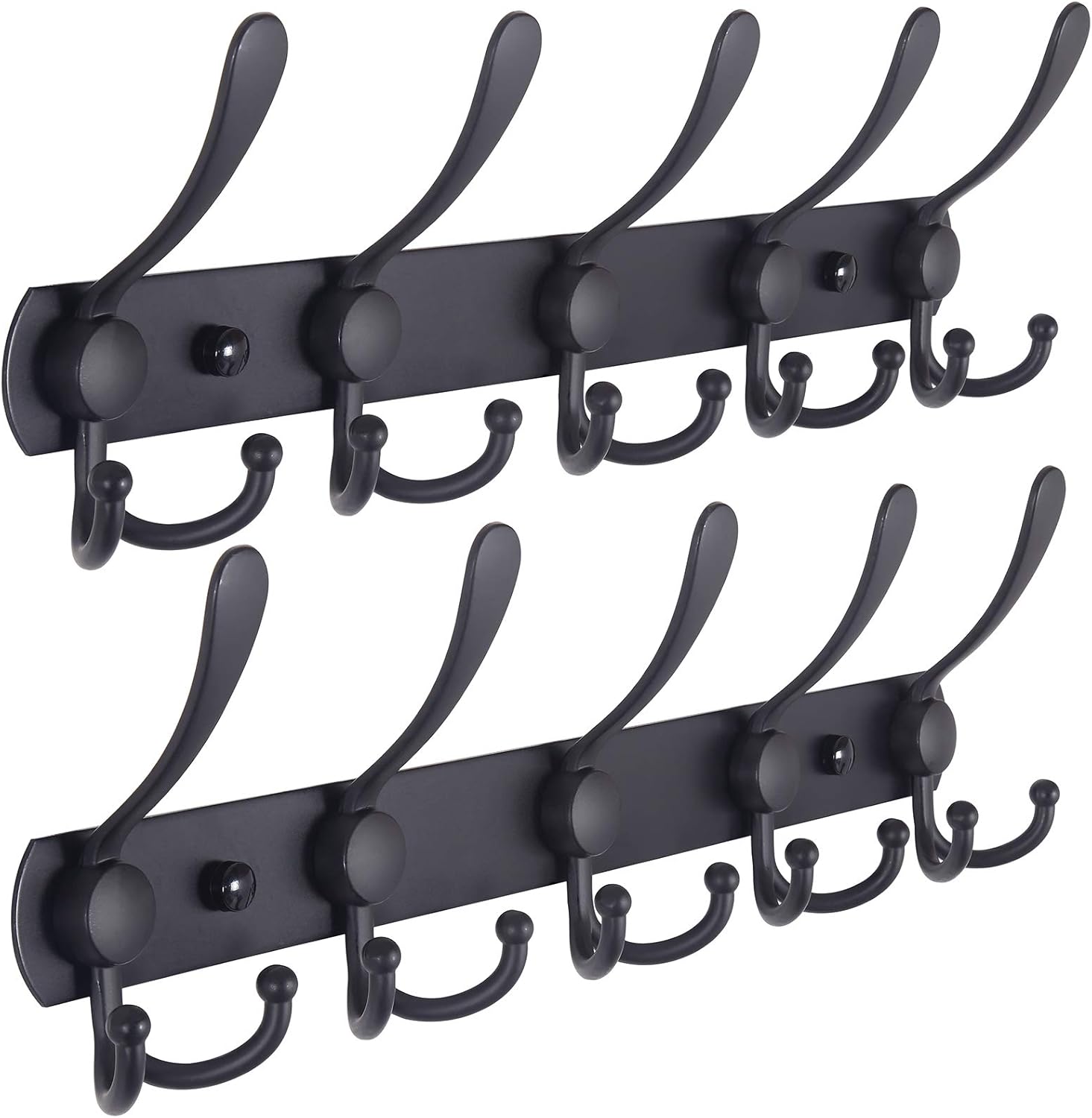 Wall-mounted coat rack—5 three-prong hooks.