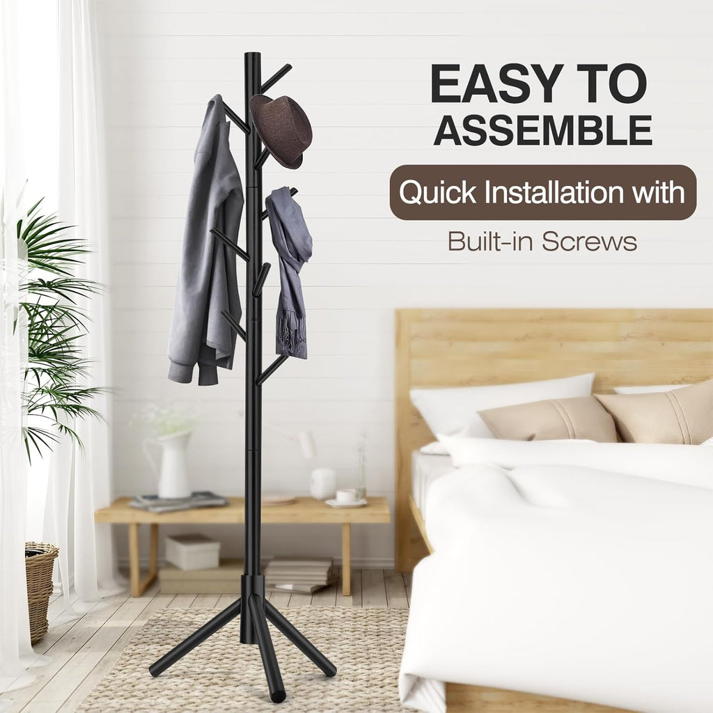 Freestanding coat rack—features 8 hooks and adjustable height (3 levels).