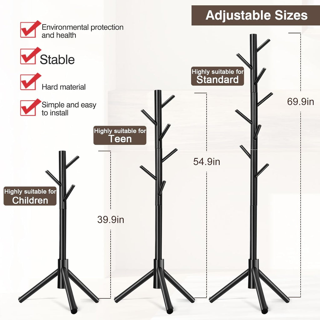 Freestanding coat rack—features 8 hooks and adjustable height (3 levels).