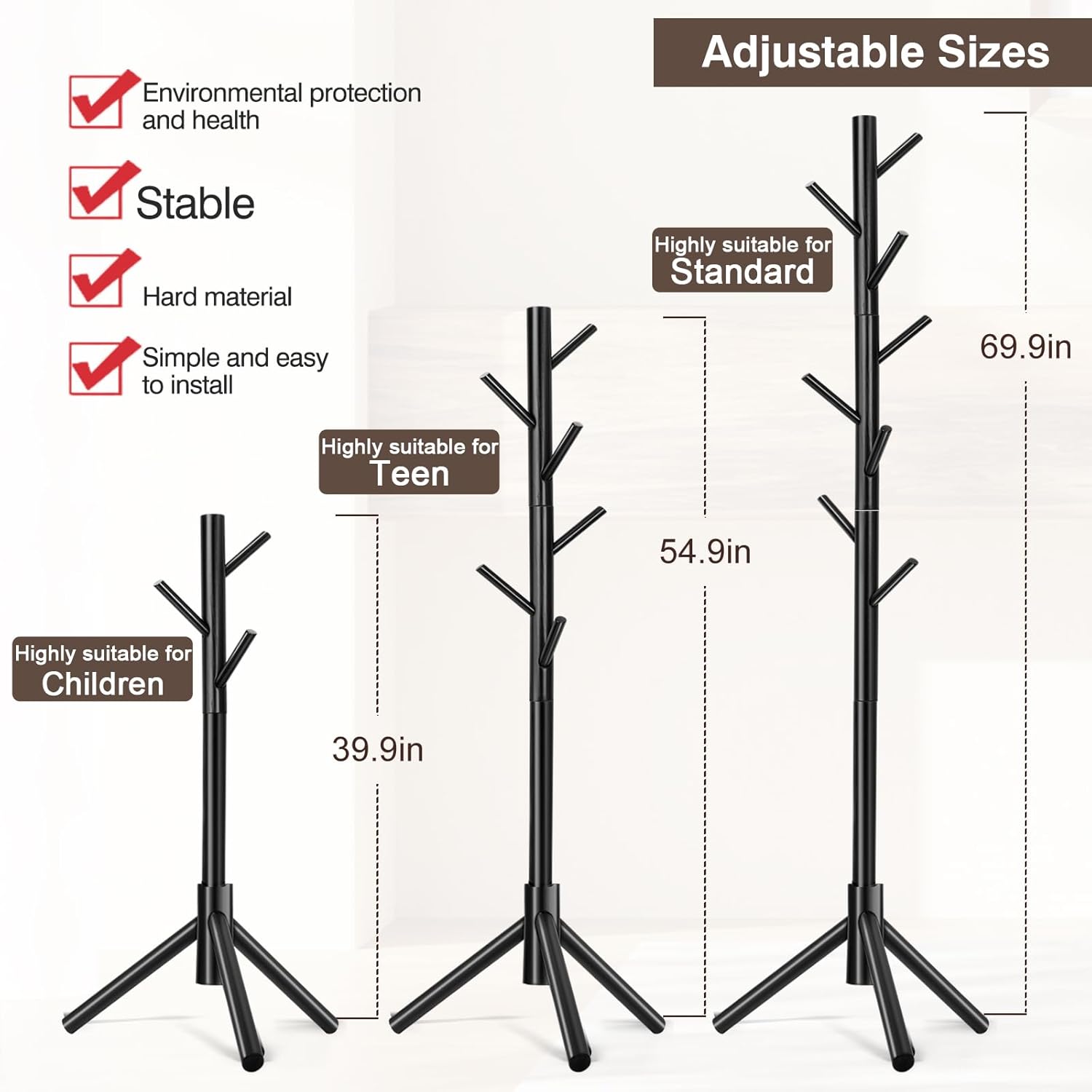 Freestanding coat rack—features 8 hooks and adjustable height (3 levels).