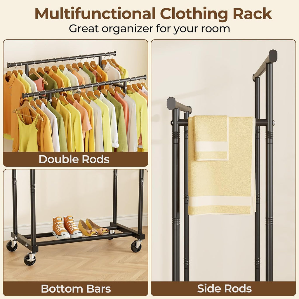 Double-Rail Garment Rack — Mobile Rack with Wheels / Portable Clothing Storage Rack