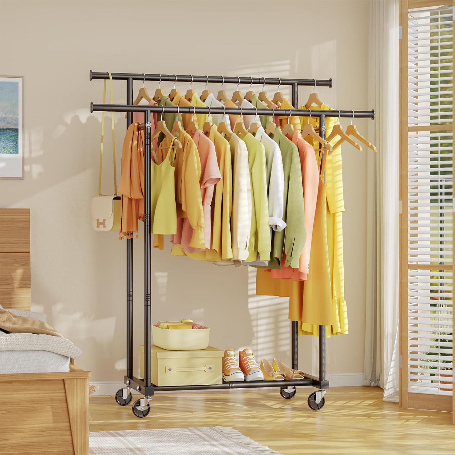 Double-Rail Garment Rack — Mobile Rack with Wheels / Portable Clothing Storage Rack