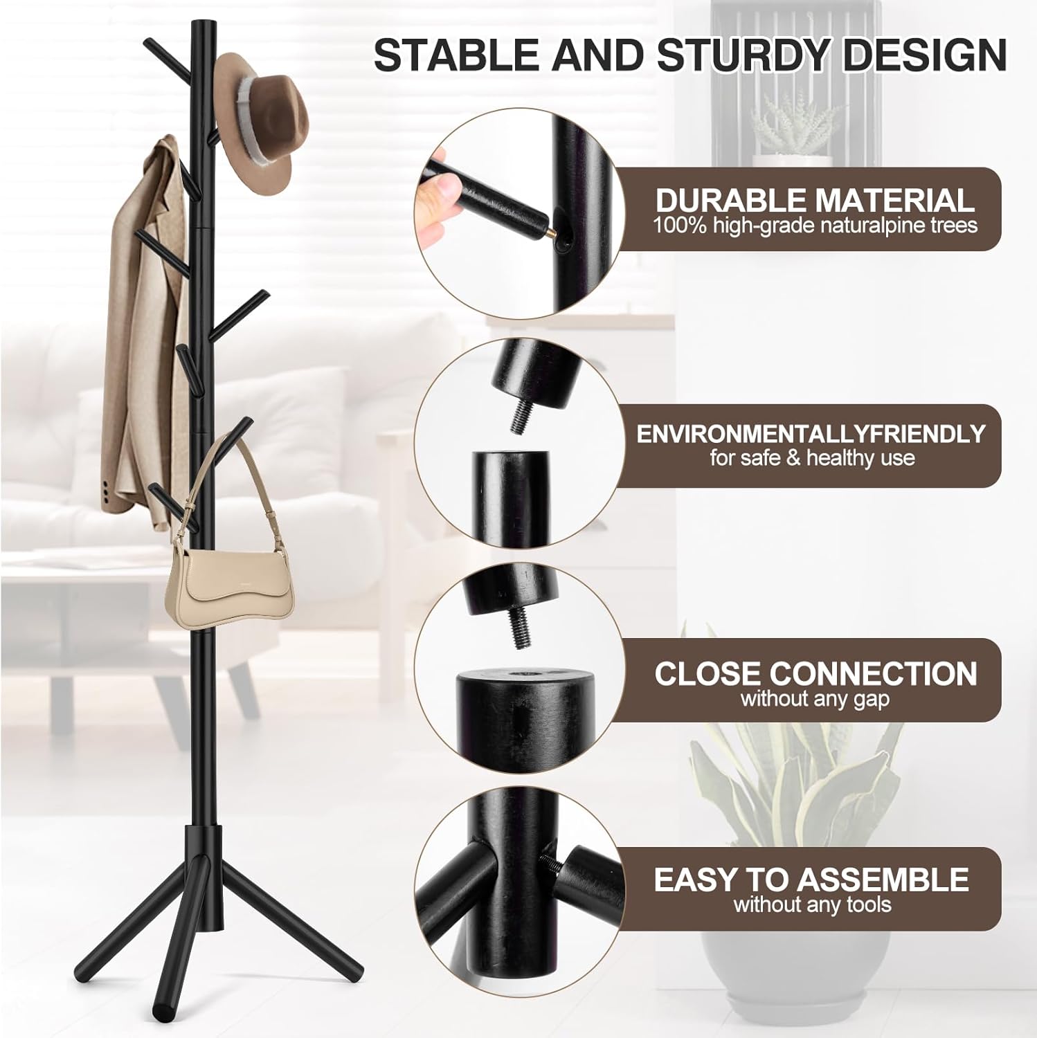 Freestanding coat rack—features 8 hooks and adjustable height (3 levels).