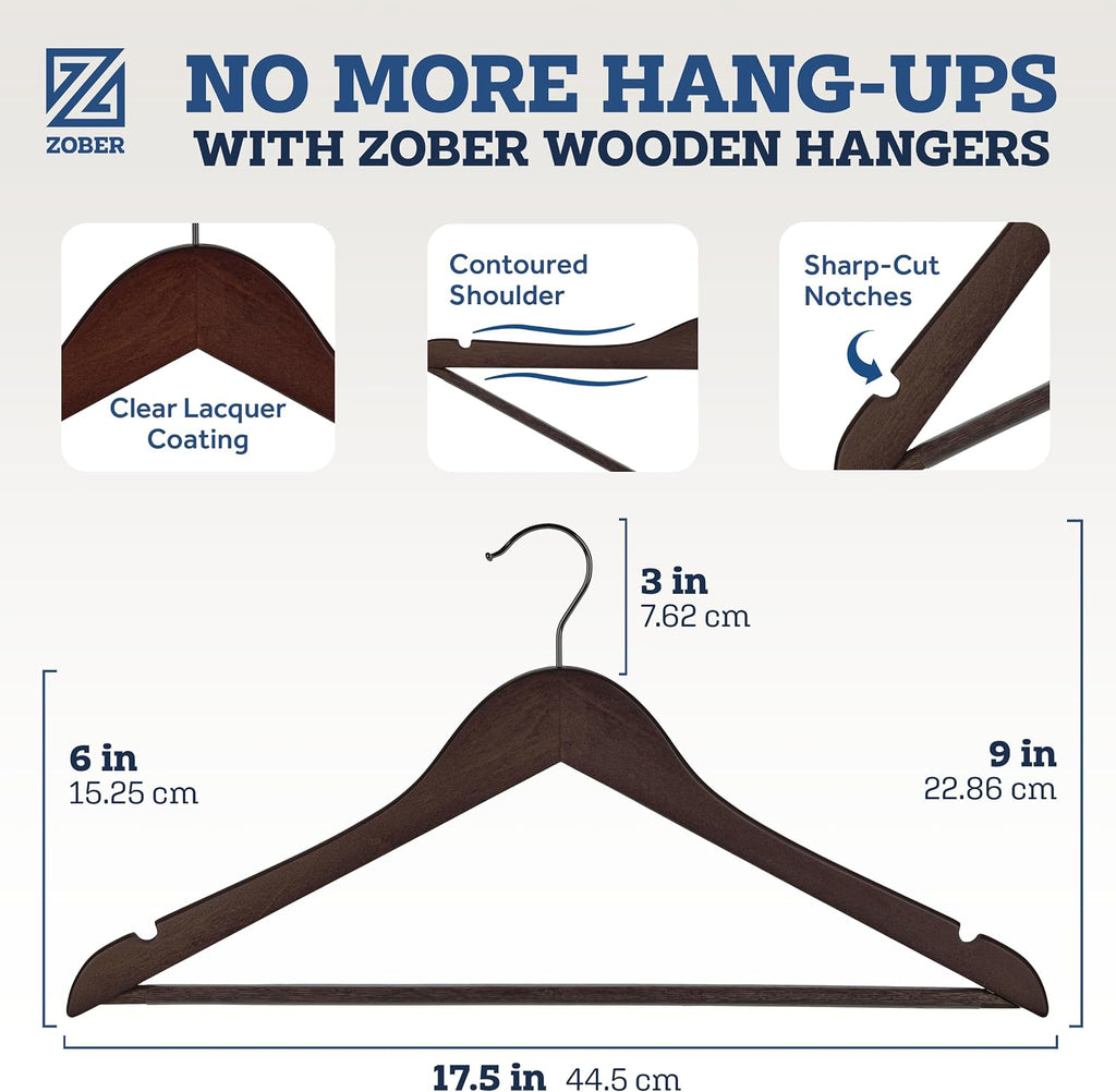 Solid wood coat hanger—reinforced and durable.