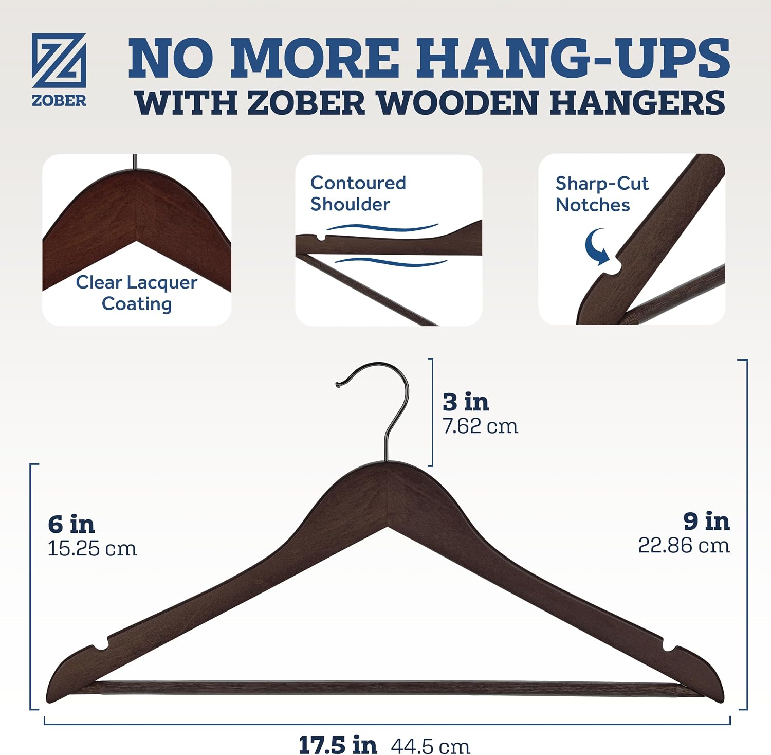 Solid wood coat hanger—reinforced and durable.