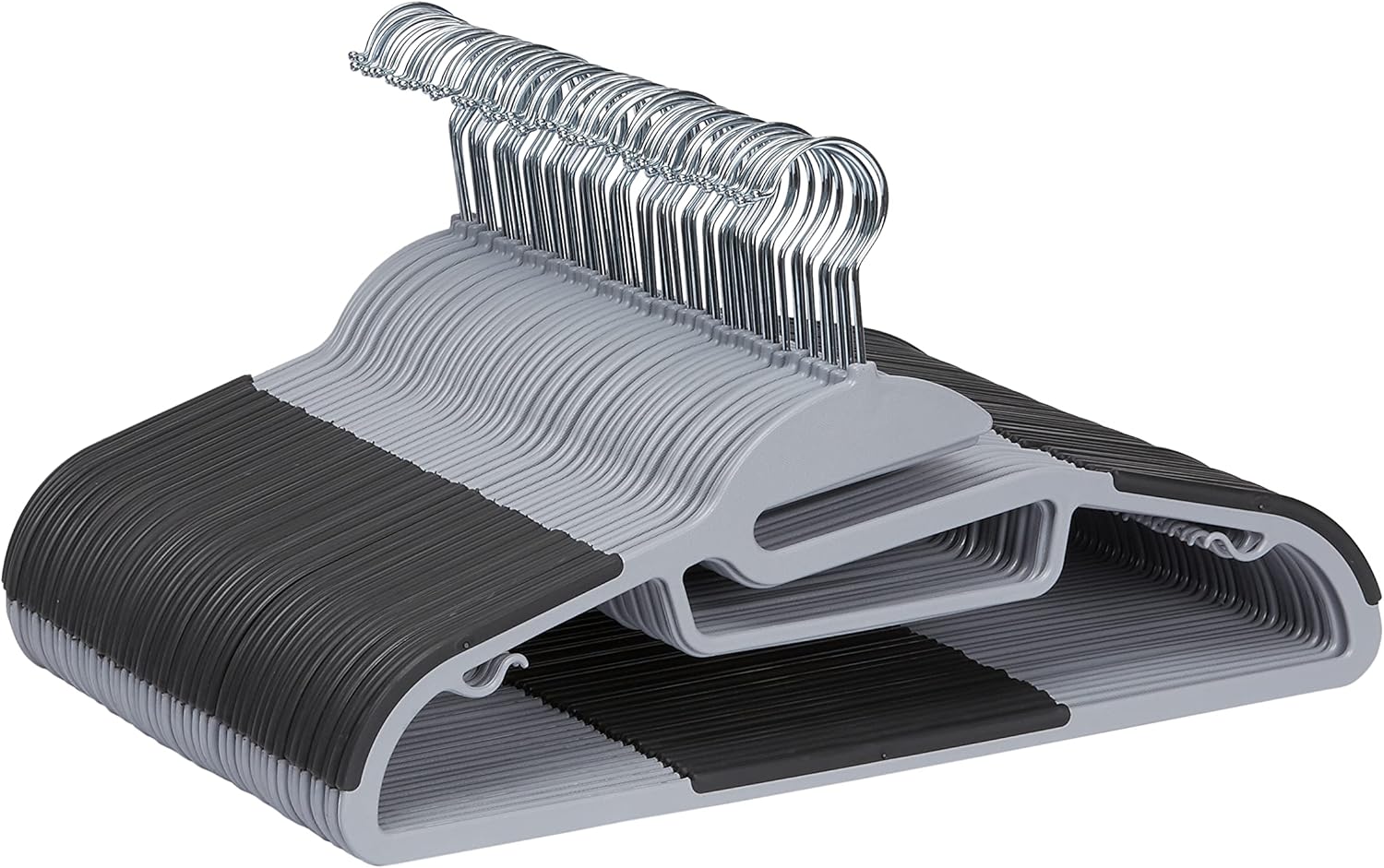 Space-saving plastic hangers with non-slip rubber coating and 360° swivel hooks.