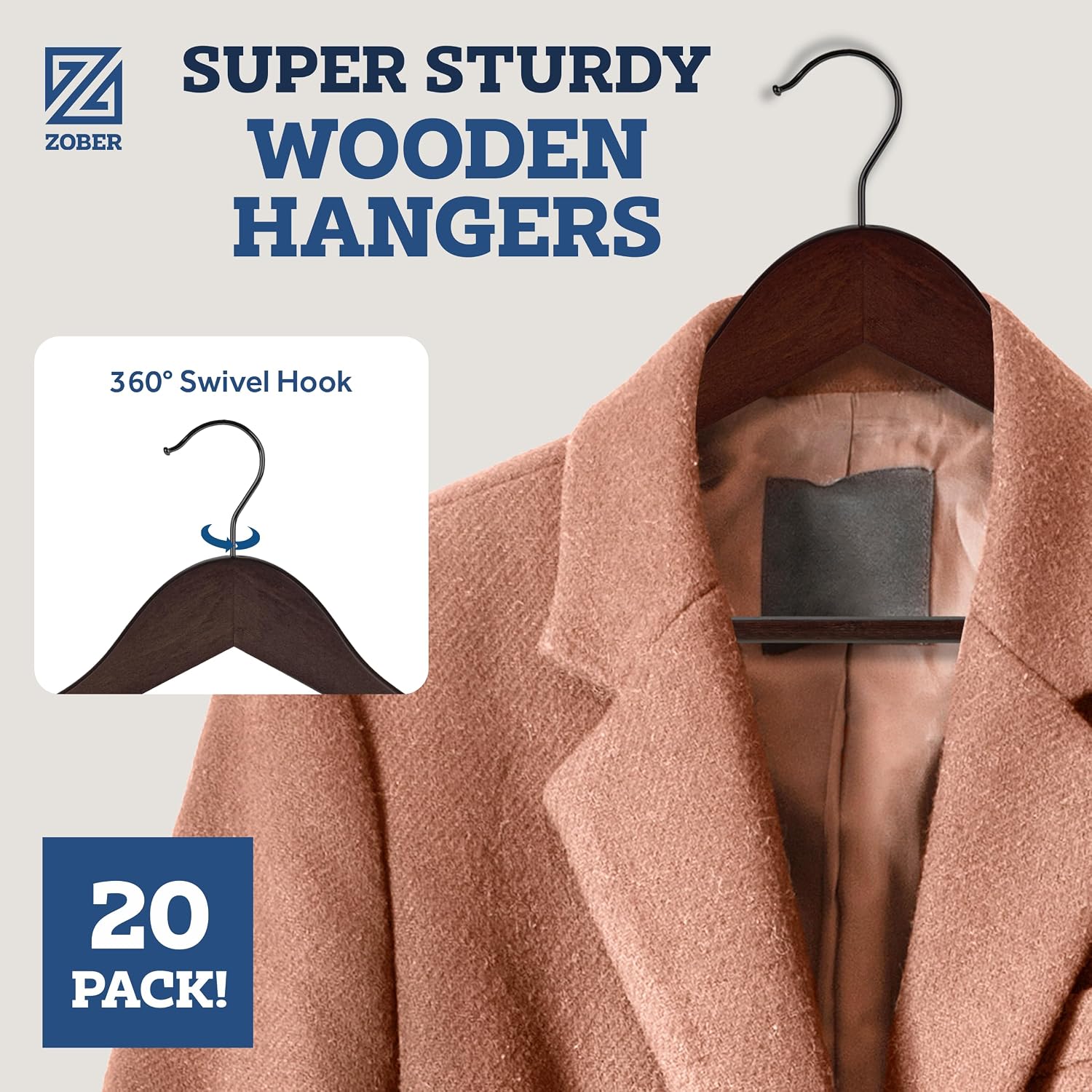 Solid wood coat hanger—reinforced and durable.