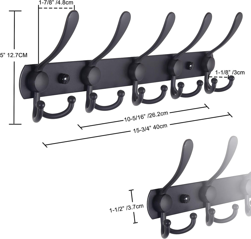 Wall-mounted coat rack—5 three-prong hooks.