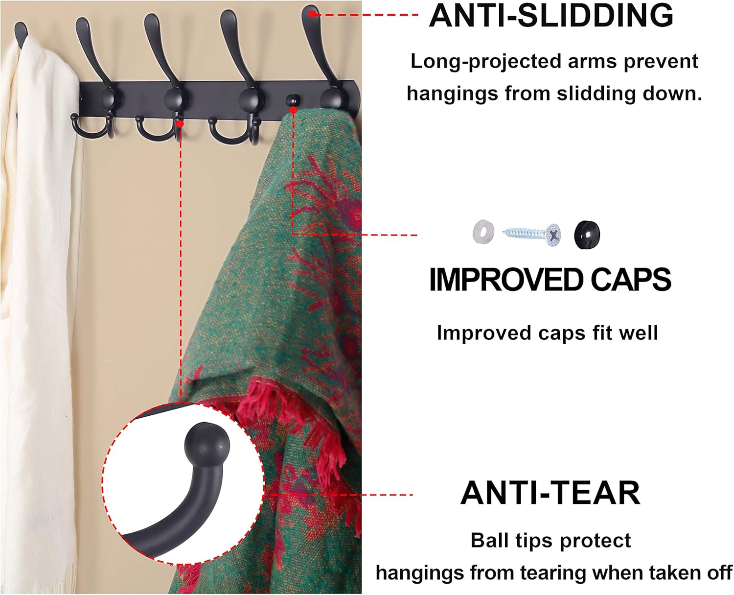 Wall-mounted coat rack—5 three-prong hooks.