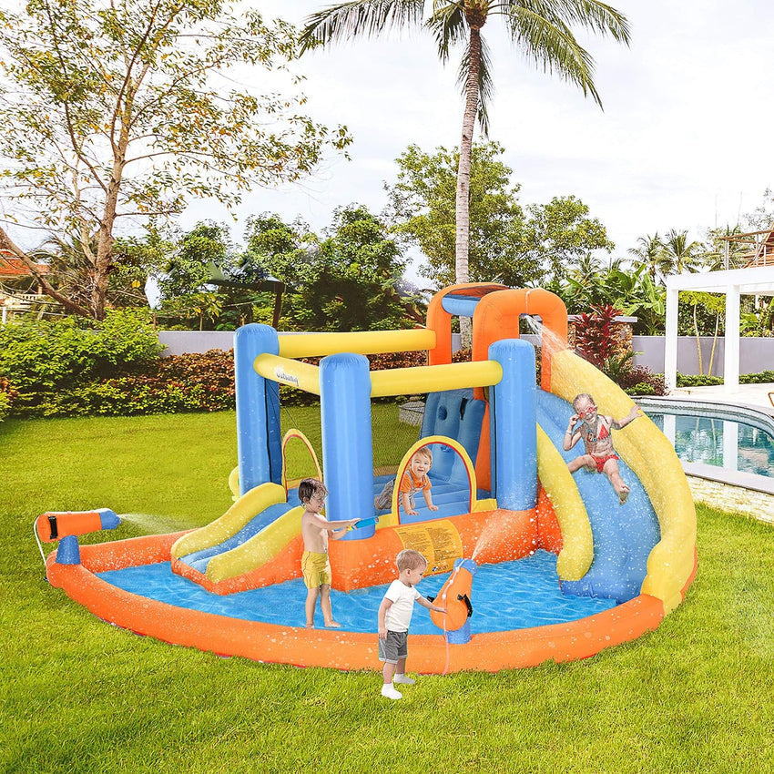 Kids Inflatable Water Slide 5-in-1 Bounce House Water Park Jumping Castle with Water Pool. Slide. Climbing Walls. & 2 Water Cannons. 450W Air Blower