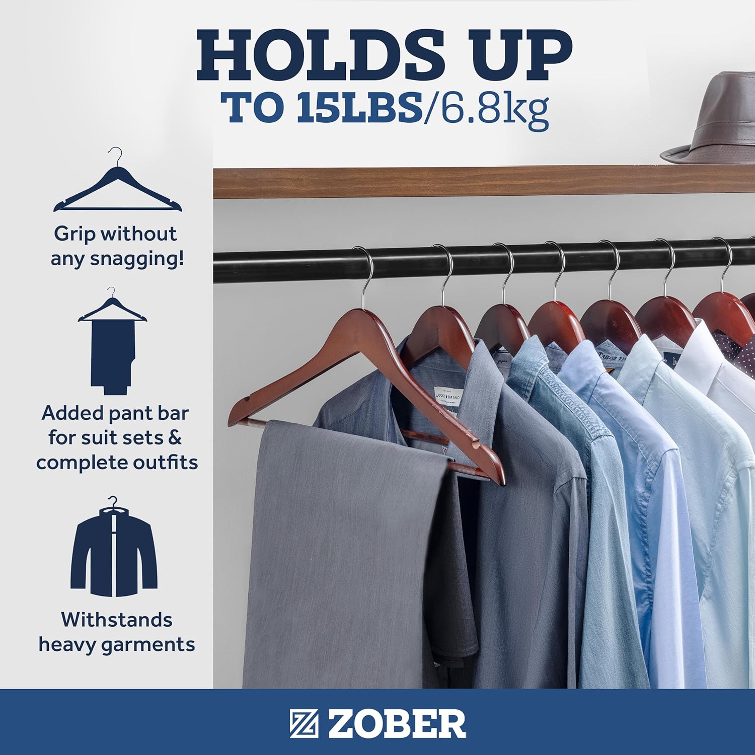 Solid wood coat hanger—reinforced and durable.
