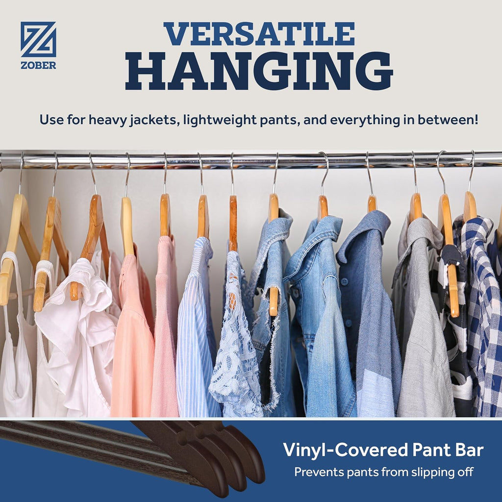 Solid wood coat hanger—reinforced and durable.