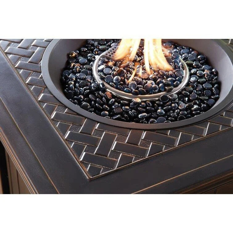 5-Piece Steel Patio Fire Pit Conversation Set with Navy Blue Cushions. Swivel Gliders and Square Fire Pit Table