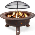 SUNCREAT 42 Patio Fire Pit Wood Burning with Mesh Spark Screen. Bonfire Outdoor firepit with Fireplace Poker. Black