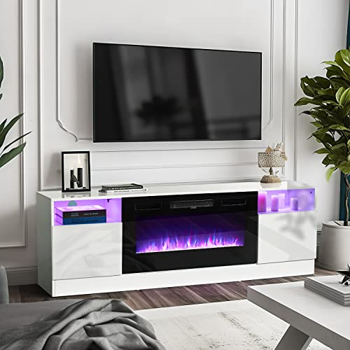 Oneinmil Fireplace TV Stand with 36 Electric Fireplace. LED Light Entertainment Center. Modern Wood. White