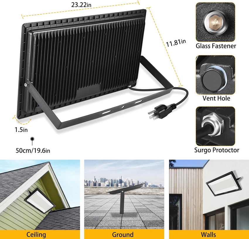 3 Pack 200W LED Flood Light.Super Bright Exterior Security Lights With Plug.IP66 Waterproof Outdoor Flood Light. 22800lm 5000K Daylight White Floodlight for Yard. Garden.Basketball Court. Arena